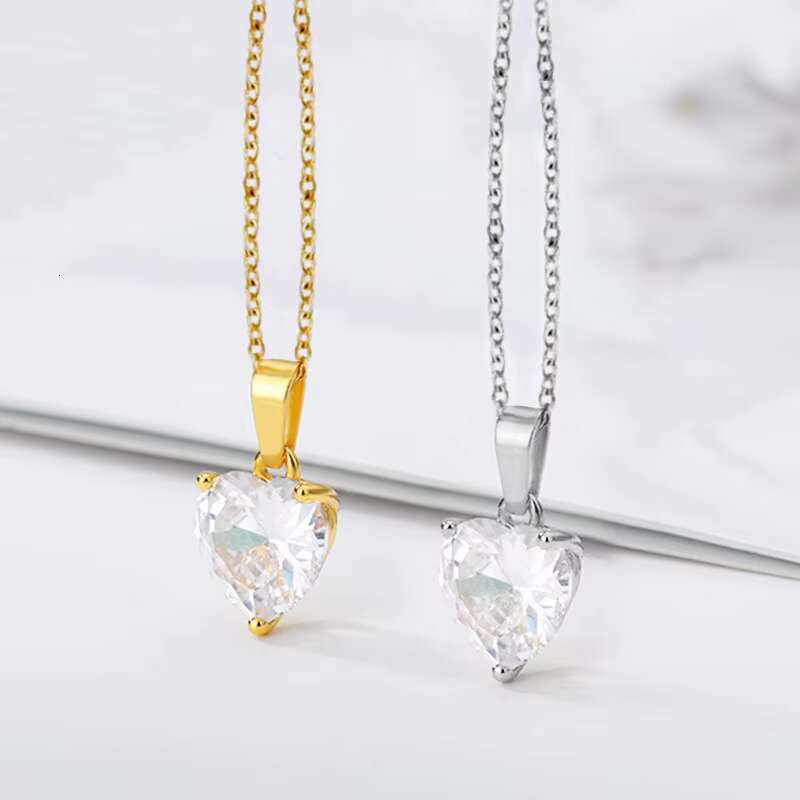 Grass Stone Fashion Shaped Women Sier Gold Color Chain Cute Single Heart Zircon Pendant Necklace for Girls