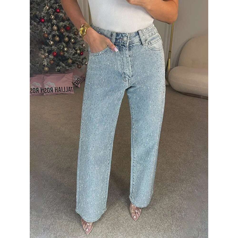 Y2k Women Shiny Rhinestone Denim Pants Wide Leg Straight Full Dia Jeans for Female Dragging High Street Outwear Trousers