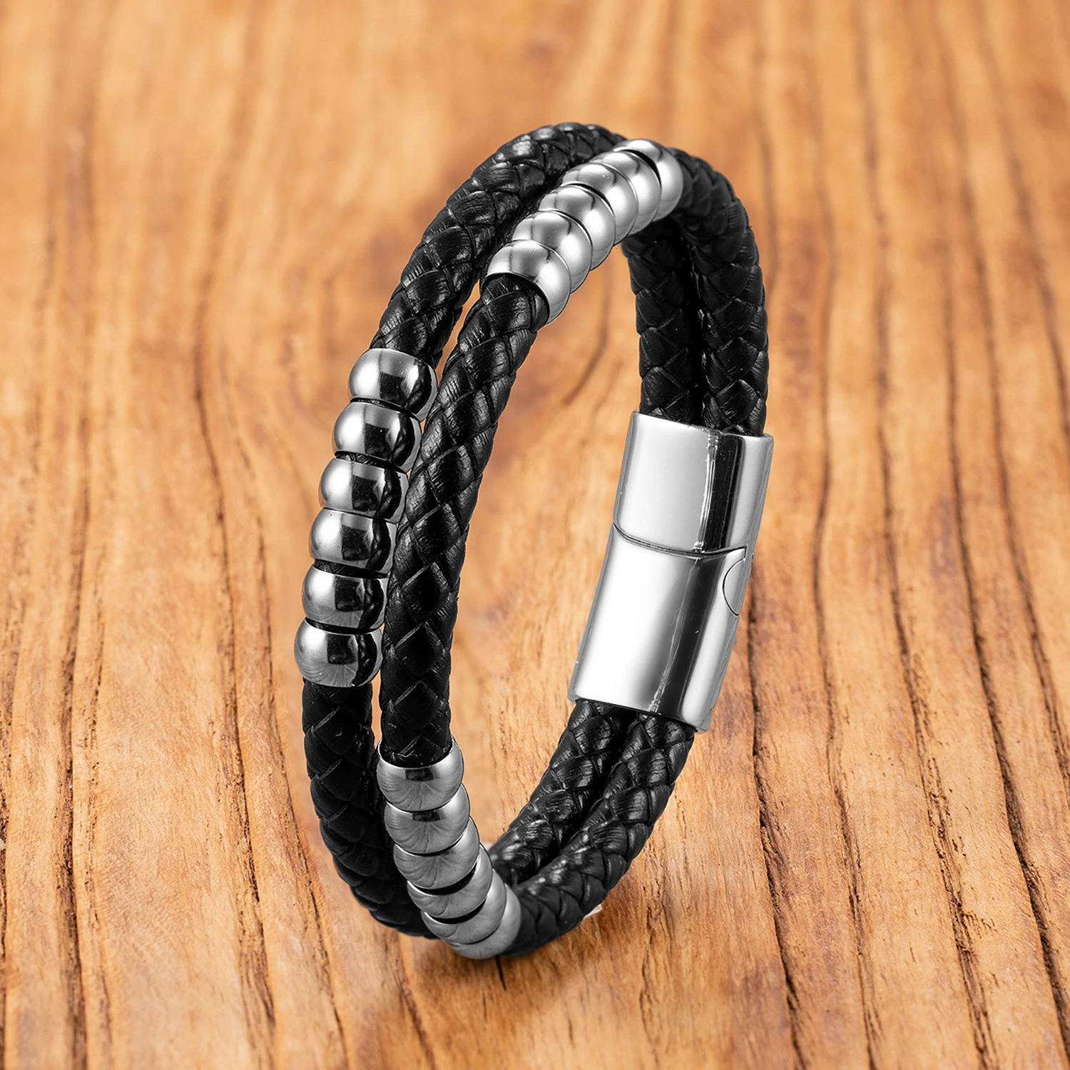 Handmade Genuine Leather Bracelet with Stainless Steel beaded doubledeck Unisex Jewelry Gift for CoupleBirthday 250512
