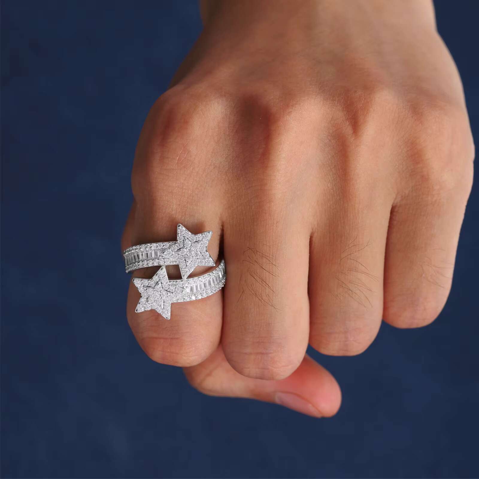 New Design 925 Sterling Silver VVS D Moissanite Baguette Double Layer Star Ring Luxury Adjustable Accessories Jewelry
