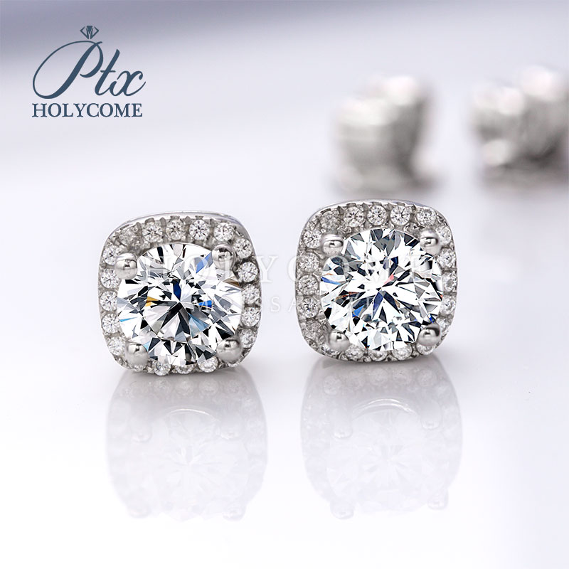 Holycome D Color Moissanite Lab Diamond Earrings 925 Sterling Silver 1 Carat Hip Hop Square Shape Halo Moissanite Earrings Men Women Solitaire Earring