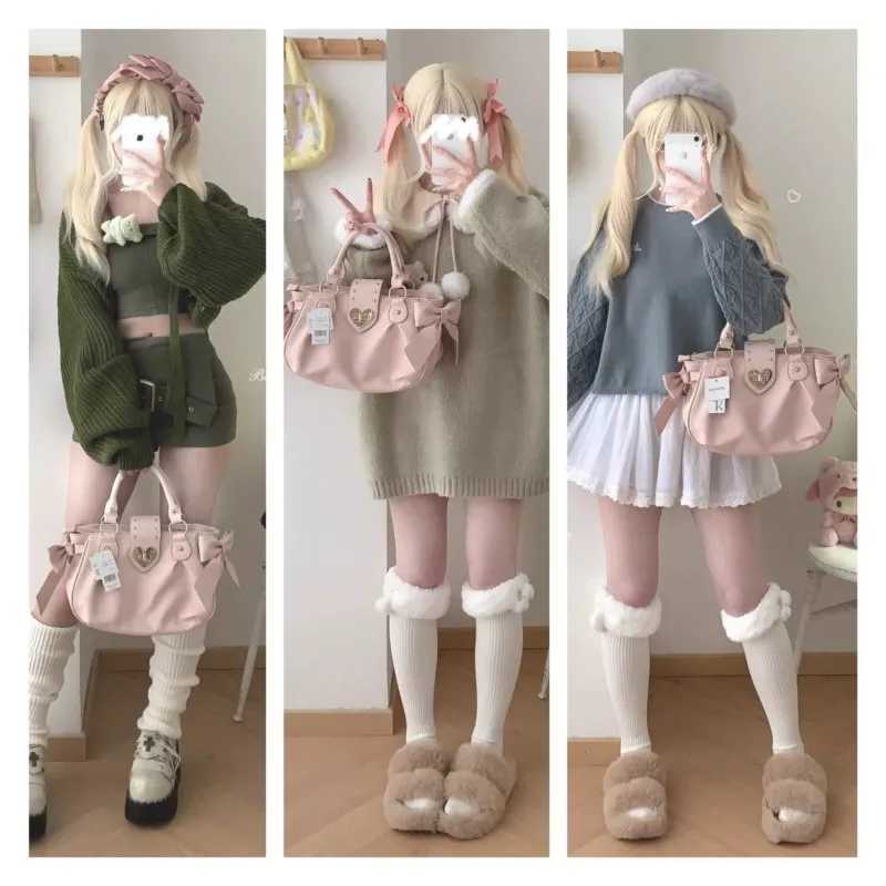 Sweet Bow Lolita Pink Hand Bag Purse Women Harajuku Love Heart Soft Crossbody Bag Lady Kawaii Large Capacity Shoulder Bag FemaleXJ250512