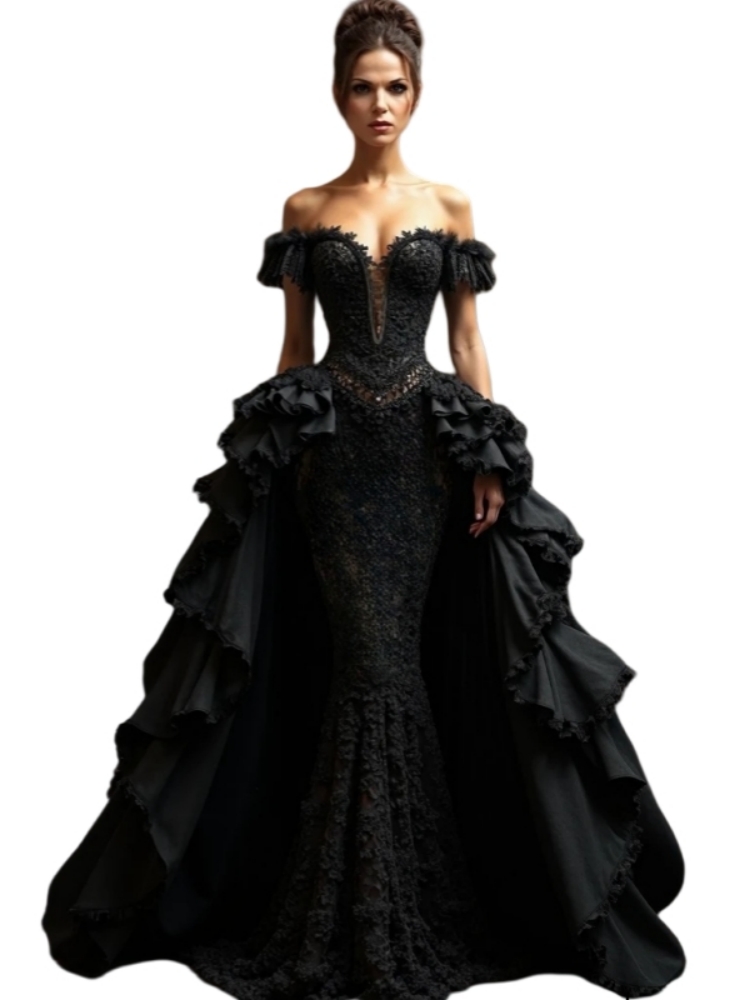 Vintage Black Lace Prom Dresses With Detachable Overskirt Off Shoulder Long Gothic Evening Gowns Sweetheart Corset Mermaid Special Occasion Dress
