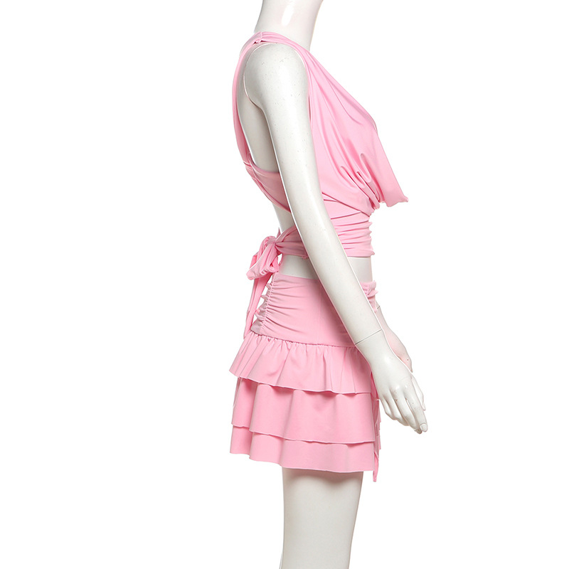 Chic 2 Piece Set Women Sexy Halter Swing Collar Tank Tops+Tierred Skirts Matching Beach Party Vacation Elegant Clubwear