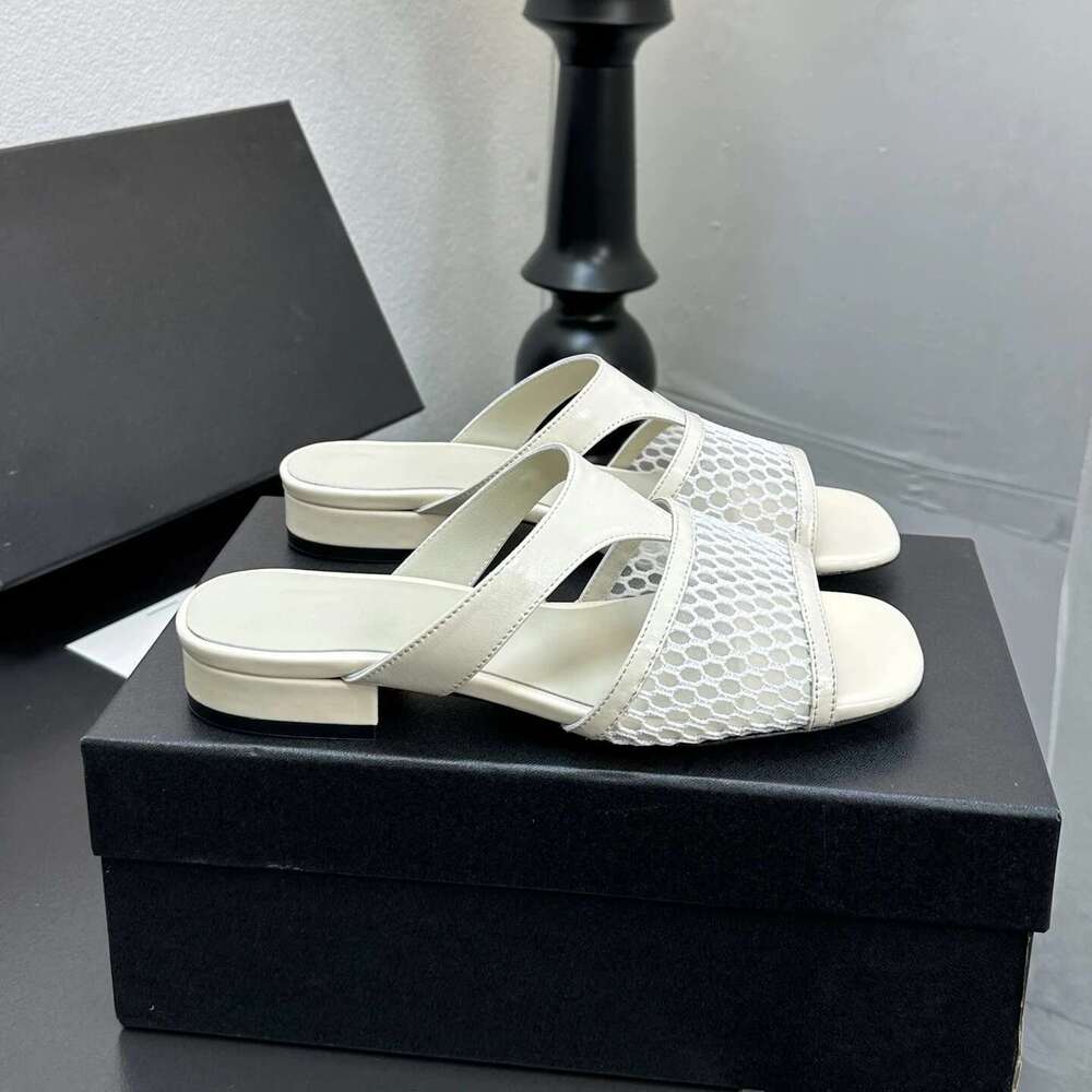 New Women Size35-41 Genuine Leather Slippers Low Heels Mesh Solid Colors Summer Slides Designer Shoes Zapatillas De Mujer