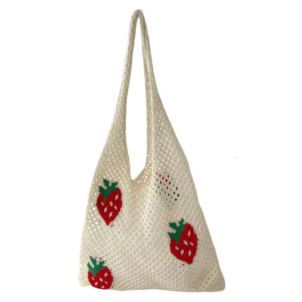 Cute Strawberry Cherry Crochet Shoulder For Women Large Shopper Casual Tote Handbags Summer Beach 2024 New Women's Bag