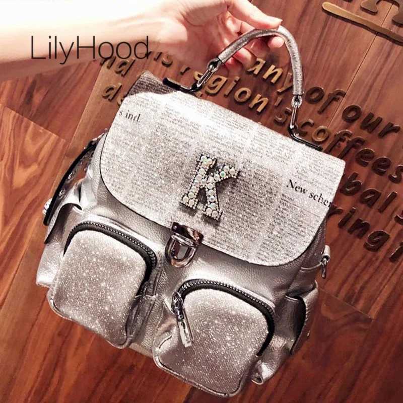 Female Casual News Paper Printing Iridescent Rhinestone Backpack Women Vegan Leather Travel Shiny Multi Pockets Daily Bagpack Z250512