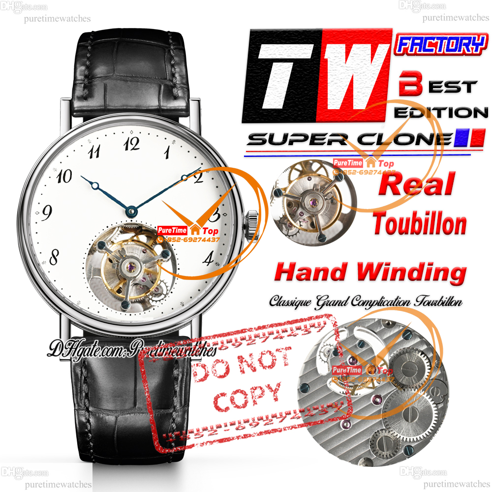 Classique Real Toubillon Hand Winding Mens Watch TWF Steel Case White Blue Textured Dial Black Number Markers Leather Strap Puretimewatches CHS Reloj Hombre A01