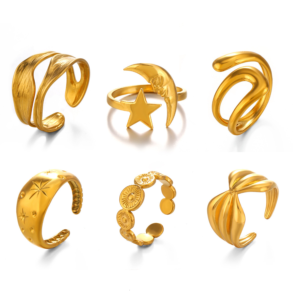 Popular Stainless Steel Simple Star Moon Open Personalized Hip Hop Geometric Circular Ring
