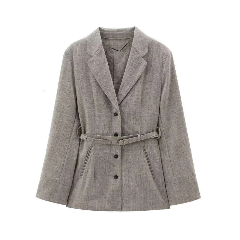 ZBZA Women Slim-fit Blazer with Belt Lapel Long Single Breasted Solid Sleeve Button Leisure Jacket Fall Winter Chic Coat