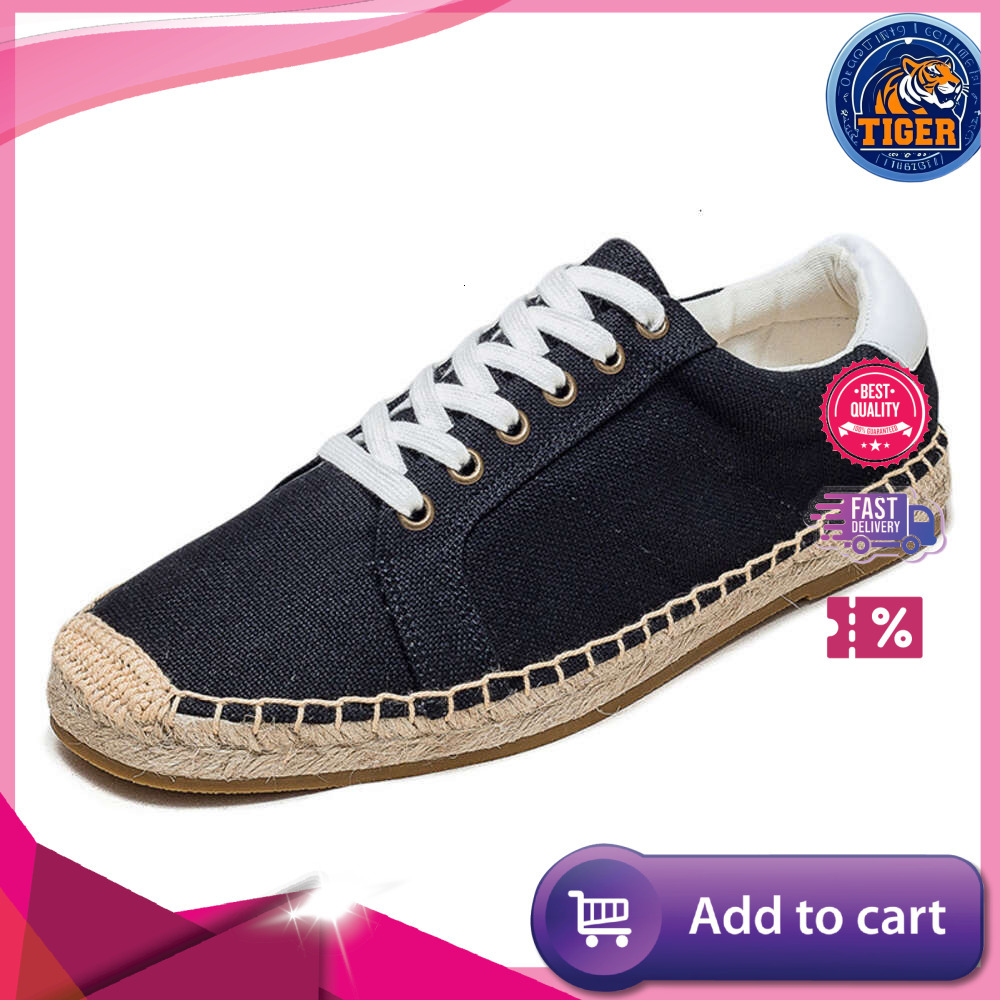 Ddmytiger S Men Fisherman Spring Summer New Linen Canvas Simple And Casual Grass Woven Soft Sole Lace Up Sports Shoes One Foot Pedal Outdoor Shoes