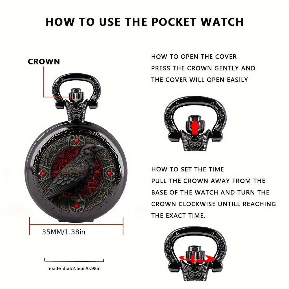 Vintage-Style Clever Crow Exquisite Pocket Watch - Quartz Movement Round Dial Unique Black Necklace Souvenir Gift For Children 250512