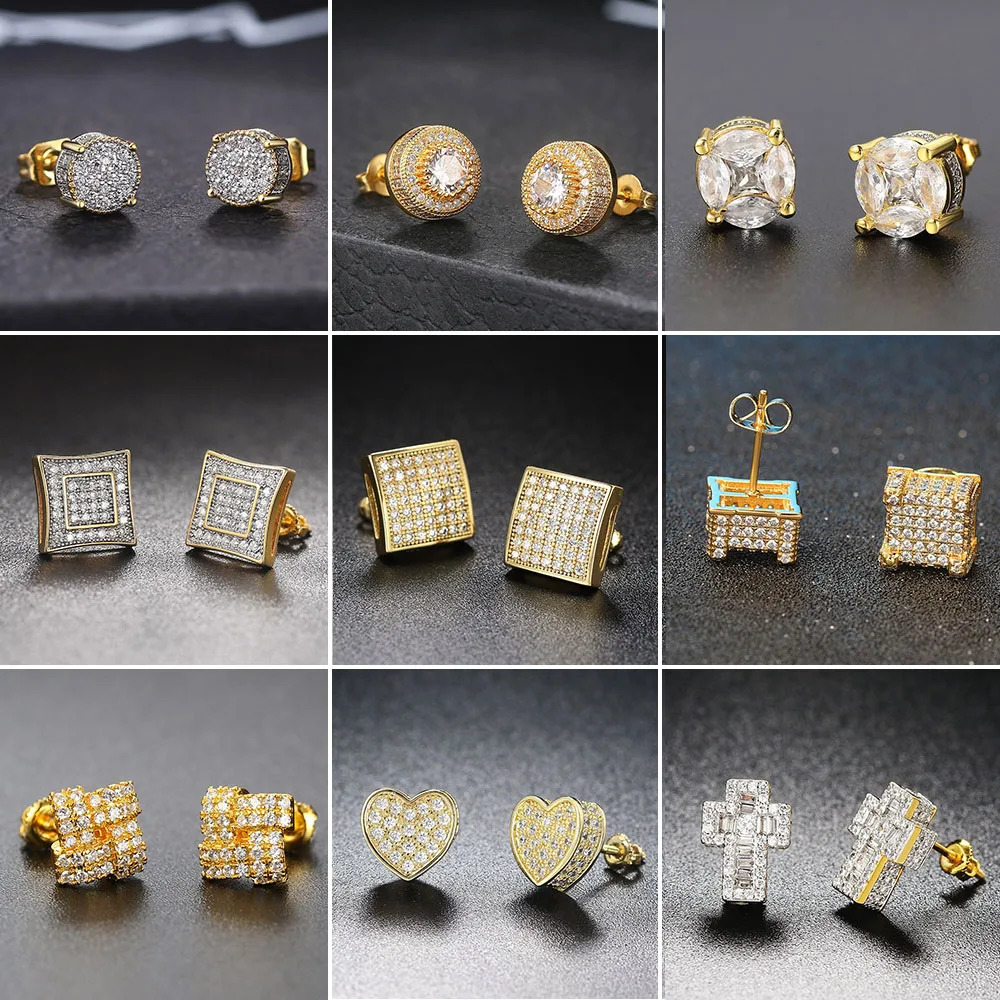 Rock Hip Hop Iced Out Stud Earring for Men Male Inlaid AACZ Zircon Gold Color Piercing Ear Accessories Hiphop Trend Jewelry 250512