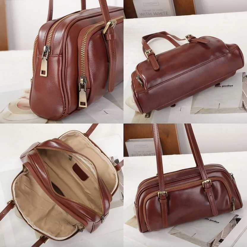 Retro Women Baguette Bags Genuine Leather Ladies Shoulder Bags Fashion Female Bowling BagsW250512