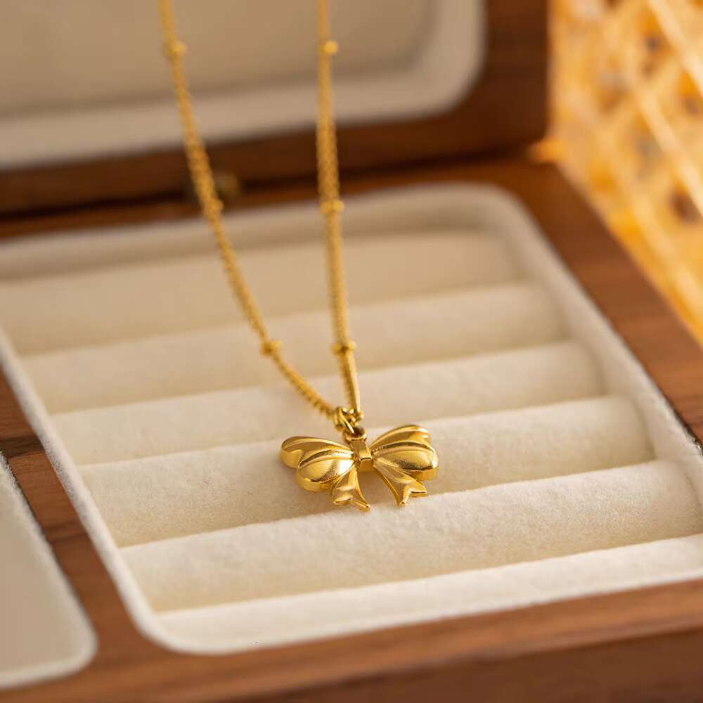 New Gold Plated Charm Stainless Steel Bow Pendant Girl's Necklace