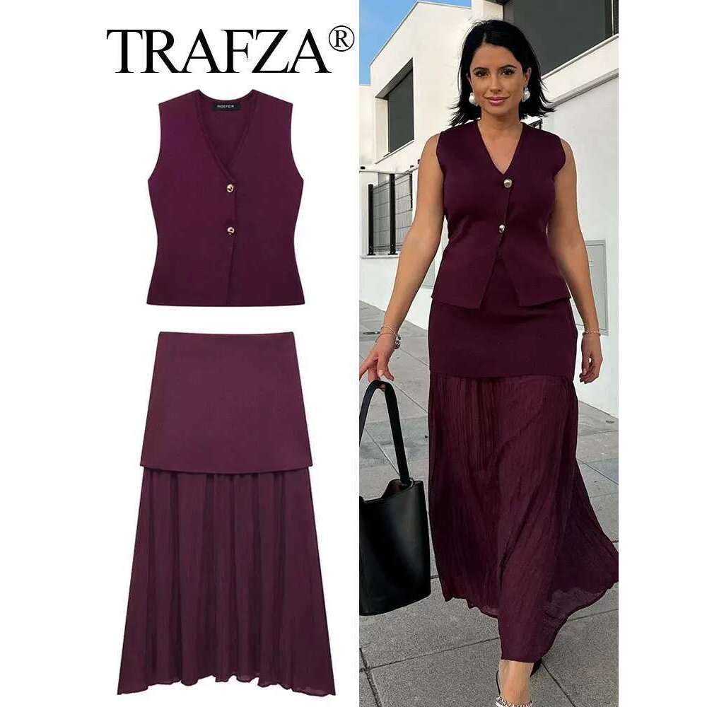 TRAFZA 2024 Women Set Wine Red Knitted V-Neck Sleeveless Slim Vest +Solid High Waist Zipper Patchwork Long Skirt Street
