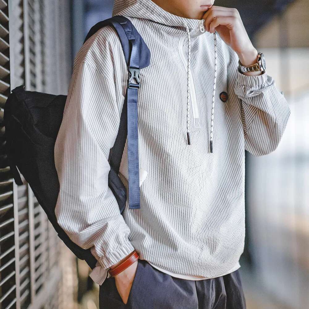 Maden Men Hooded Sweatshirt Gray White Striped Seersucker Pullover Top Spring And Summer Breathable Men's Clothes Hoodies Designer
