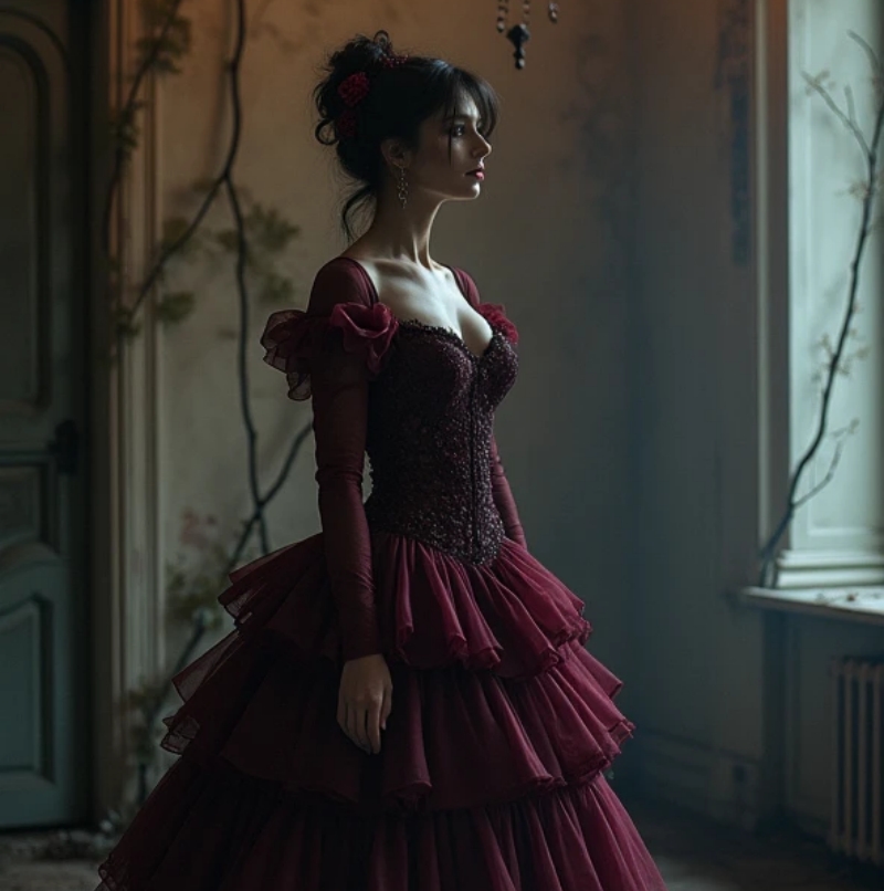 Gothic Burgundy Tiers Tulle Prom Dresses Long Sleeves Corset A-Line Puffy Special occasion Gown Lace Appliques Beaded Masquerade Dress For Women 2025