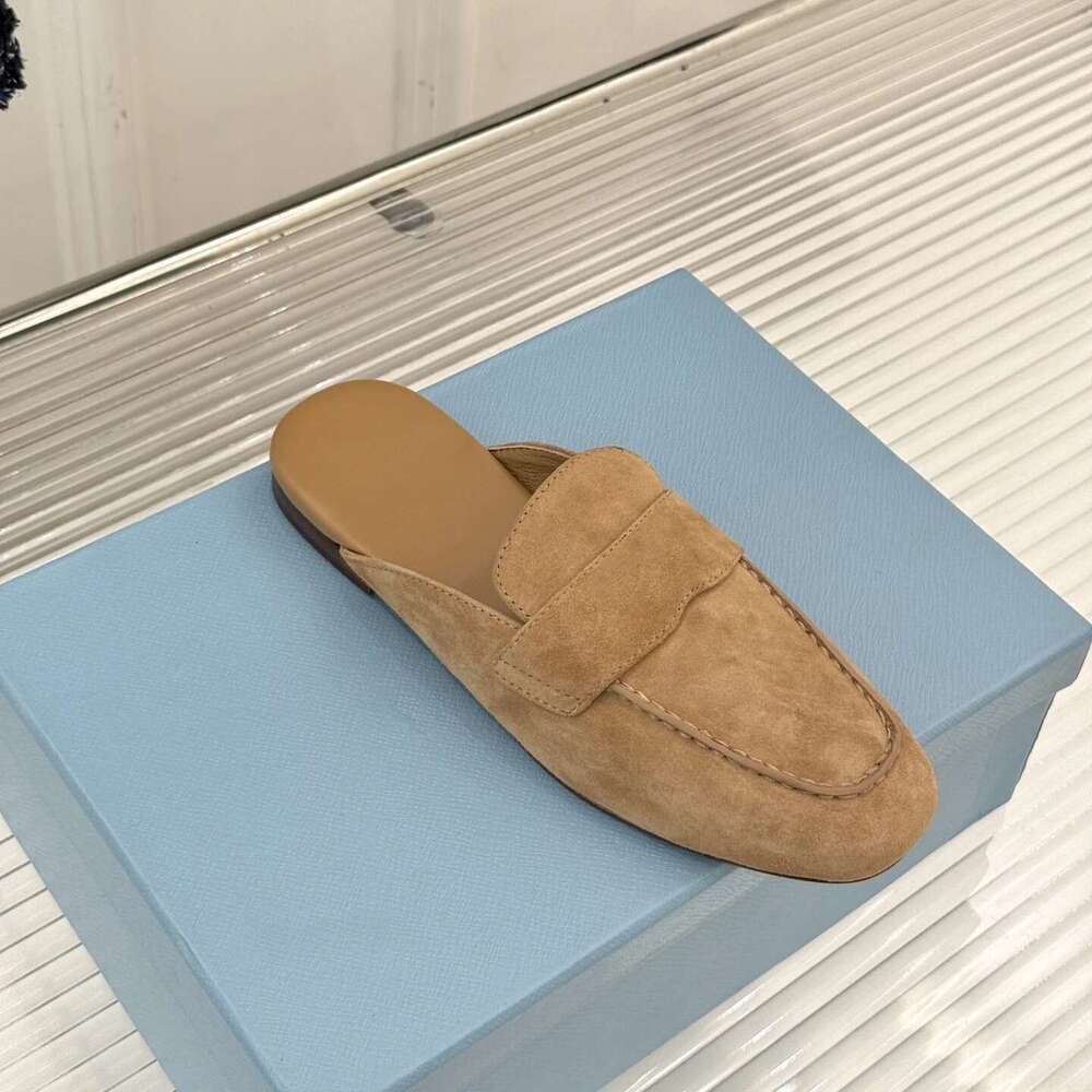 Women Size35-41 Natural Cow Suede Mules Low Heels Square Toe Slides Solid Colors Retro Designer Shoes Zapatillas De Mujer
