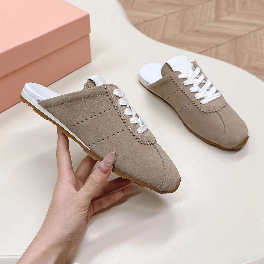 Women Natural Cow Suede Slippers Genuine Leather Mules Sports Leisure Flats Round Toe Designer Shoes Zapatillas De Mujer