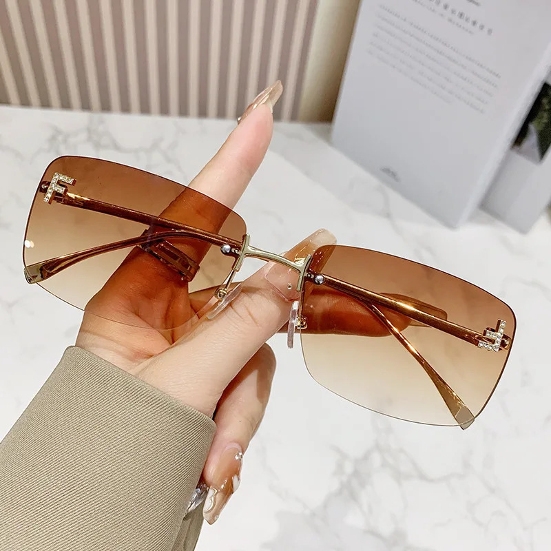 Ruiao rimless sunglasses UV400 fashion square metal glasses for women diamond y2k small face sun glasses 250509