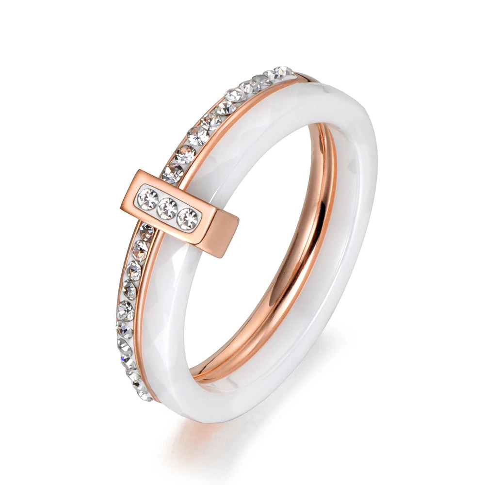 2 Layers Black/White Ceramic Crystal Wedding Rings Jewelry Rose Gold Plated Stainless Steel Rhinestone Engagement 250509