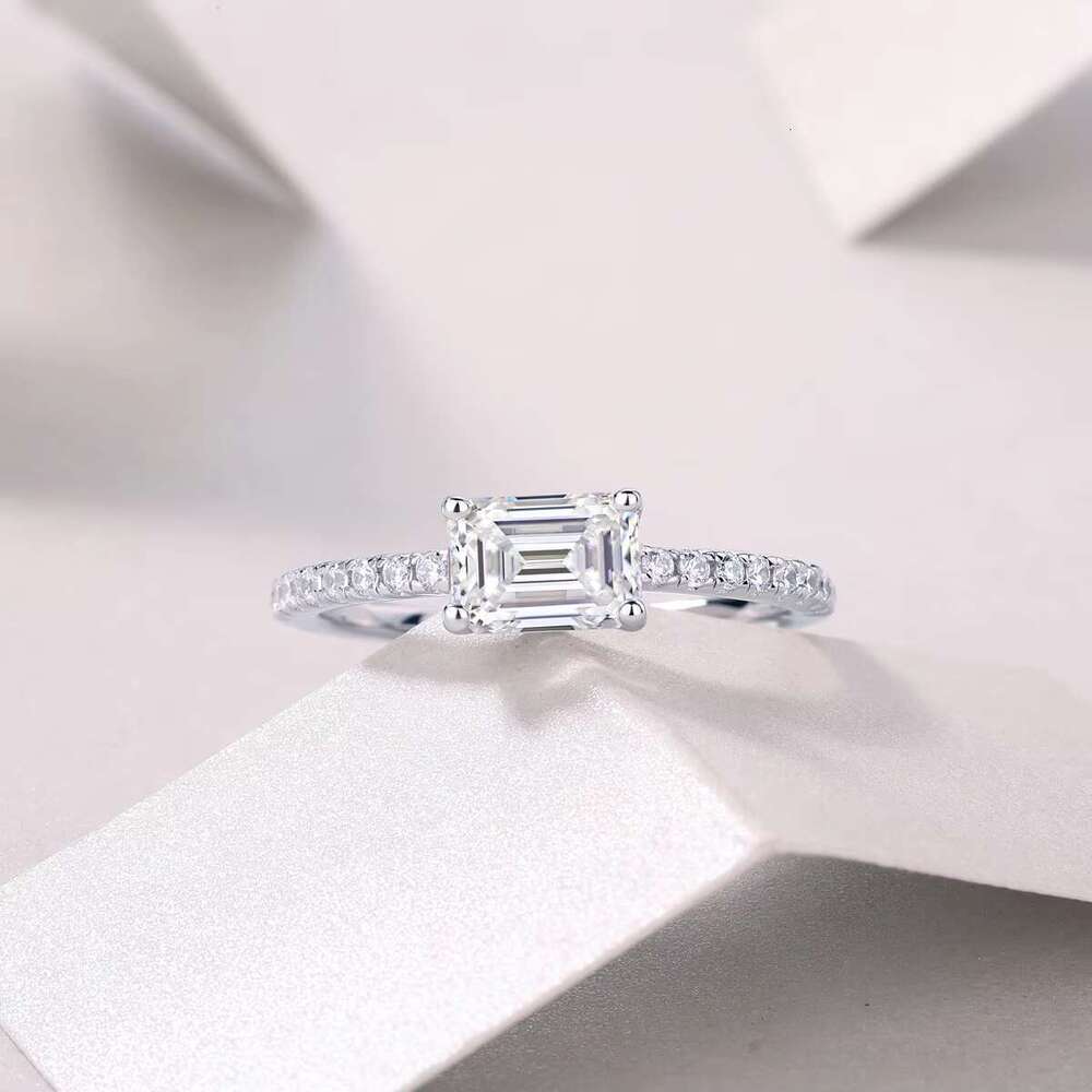 Unique spodumene emerald cut ring - pointed set of pure silver, double-layer design, size 5-9, USA