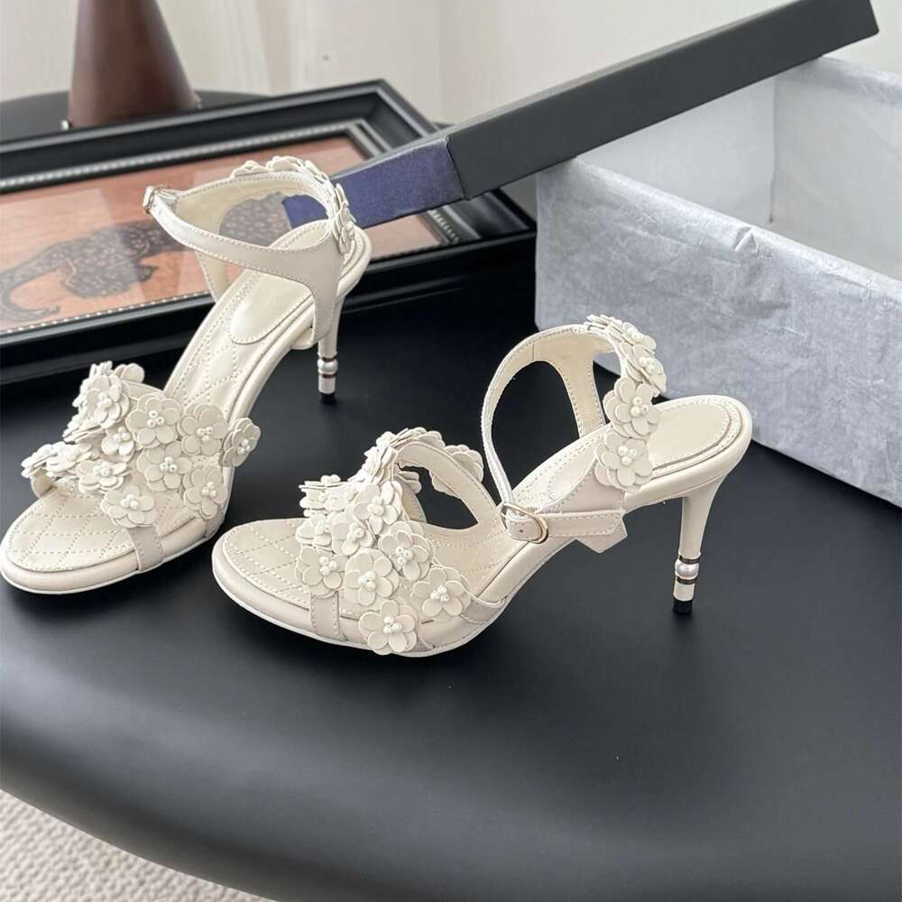 Women Size35-41 Genuine Leather Sandals Super High Heels Flowers Pearls Pumps Summer Designer Shoes Zapatillas De Mujer