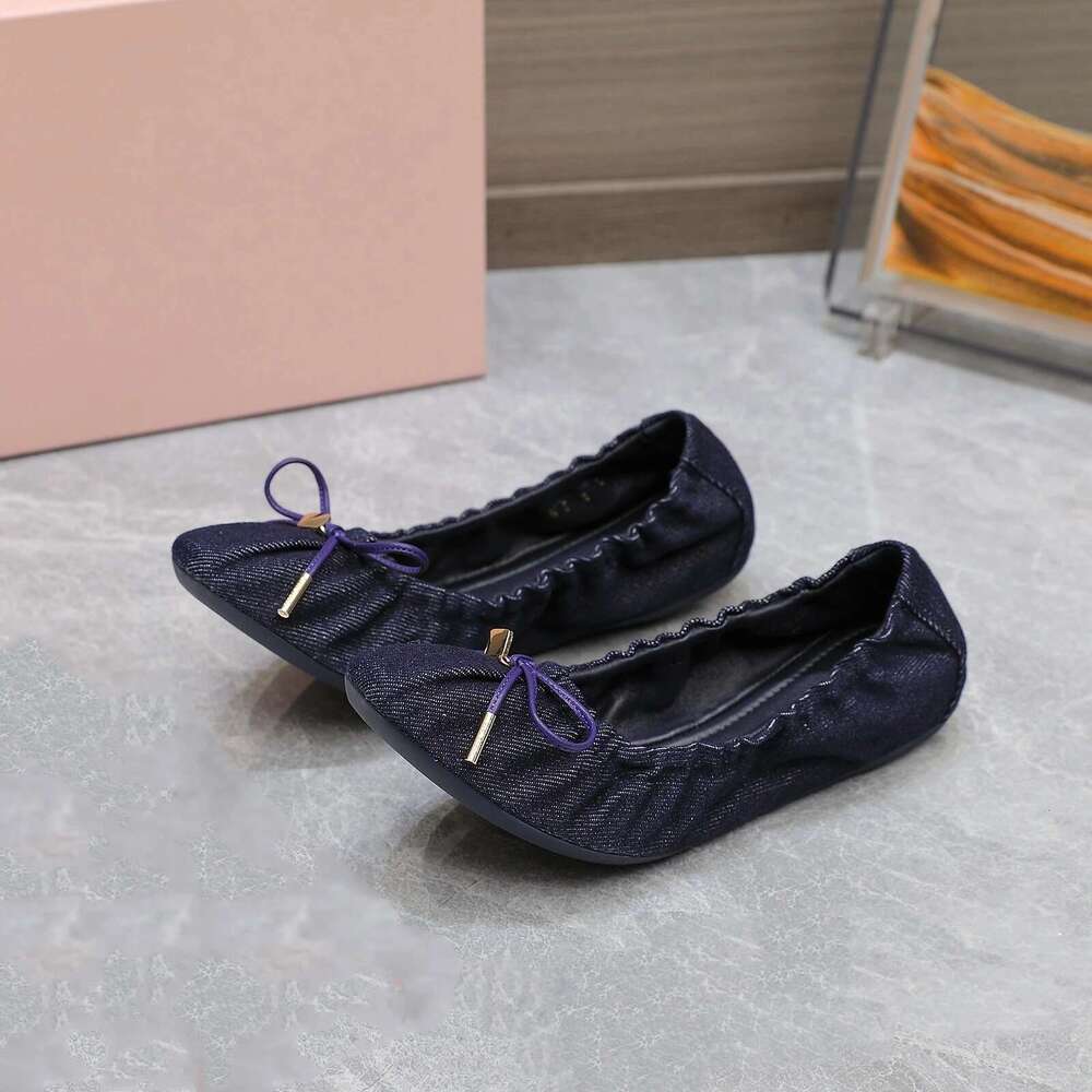 Women Genuine Leather Ballet Flats Denim Butterfly Knot Elastic Band Pleated Round Toe Designer Shoes Zapatillas De Mujer
