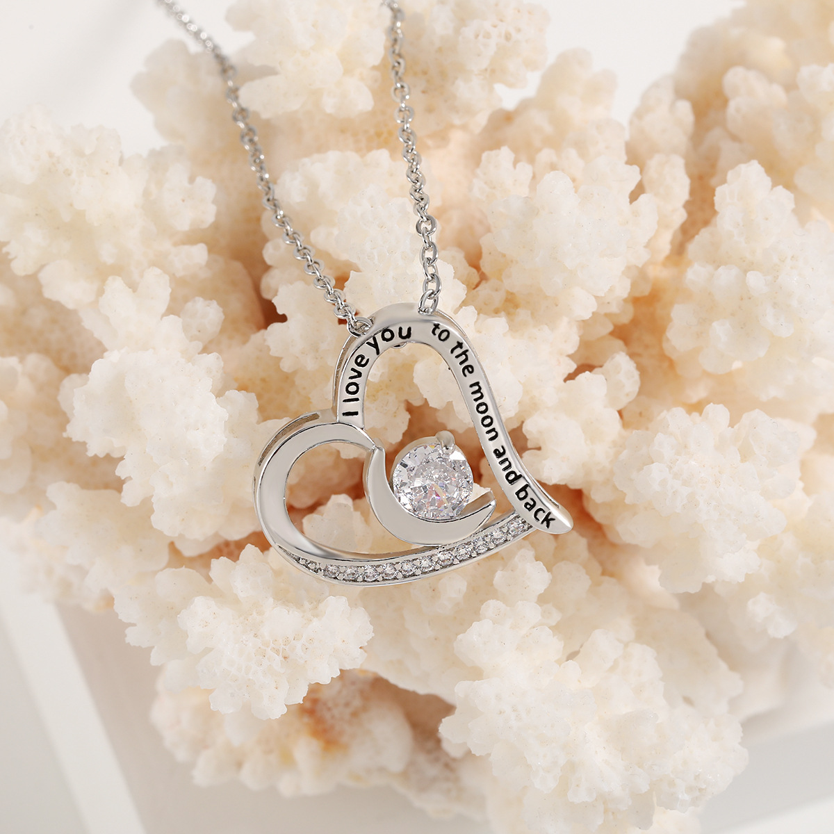Timeless Love Heart Necklace - Heart-Shaped Moonstone with Sparkling Crystals, Romantic Gift for Her
