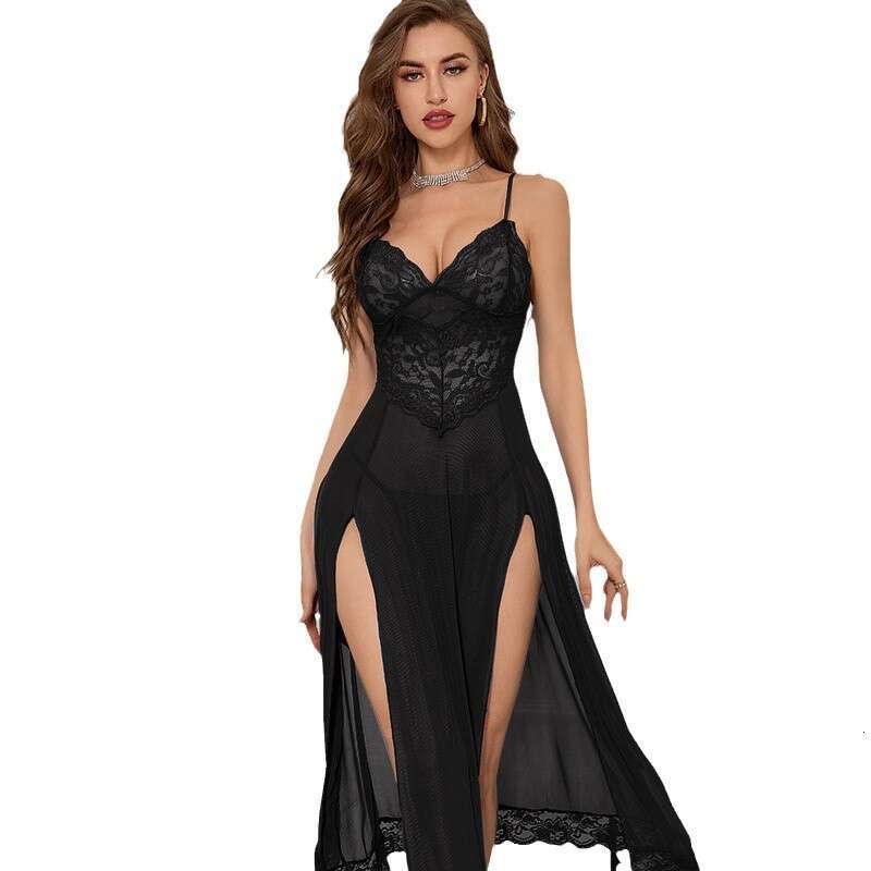 Patent Leather Sexy Lingerie Female Sleepwear Sexy Long Dress Erotic Uniform Pure Desire Lace Temptation Hot Slit No Take Off Underwear KQ