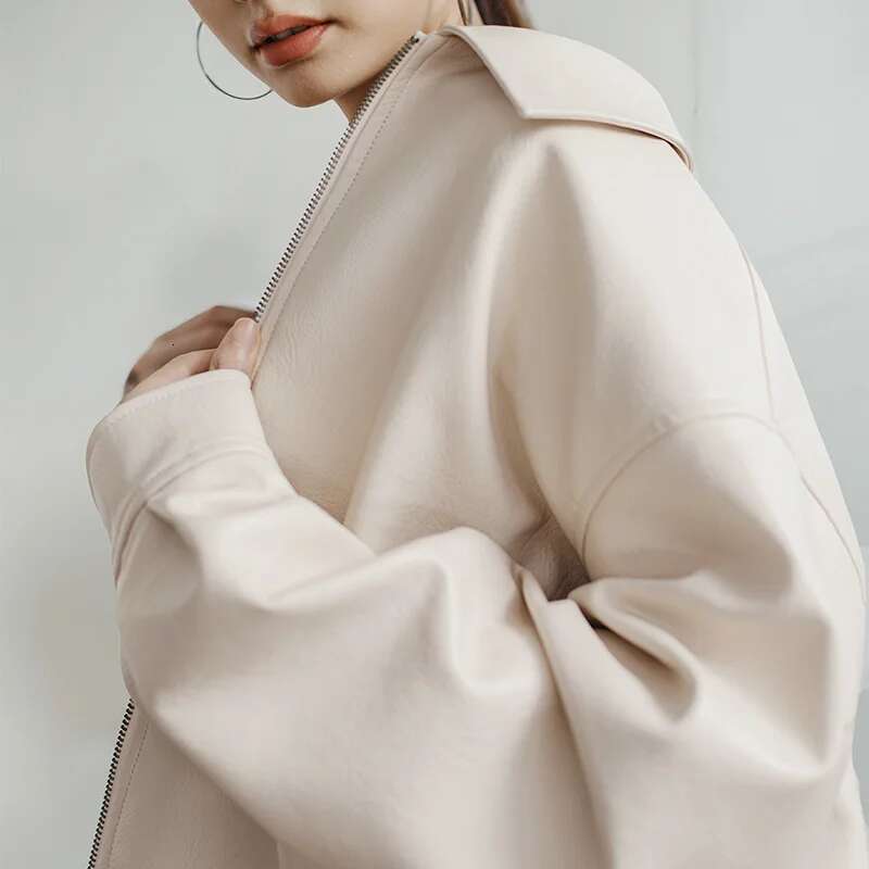 Maden Retro Beige Leather with Lapel Collar Loose Fit Motorcycle Style Short Jacket Versatile Outerwear Tops for Women