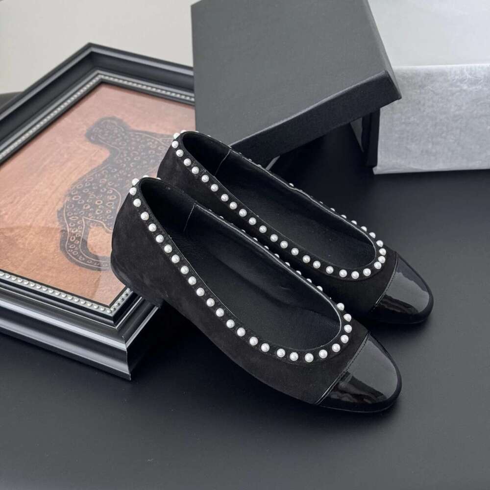 Women Size35-41 Genuine Leather Ballet Flats Pearls Natural Cow Suede Round Toe Slip On Designer Shoes Zapatillas De Mujer