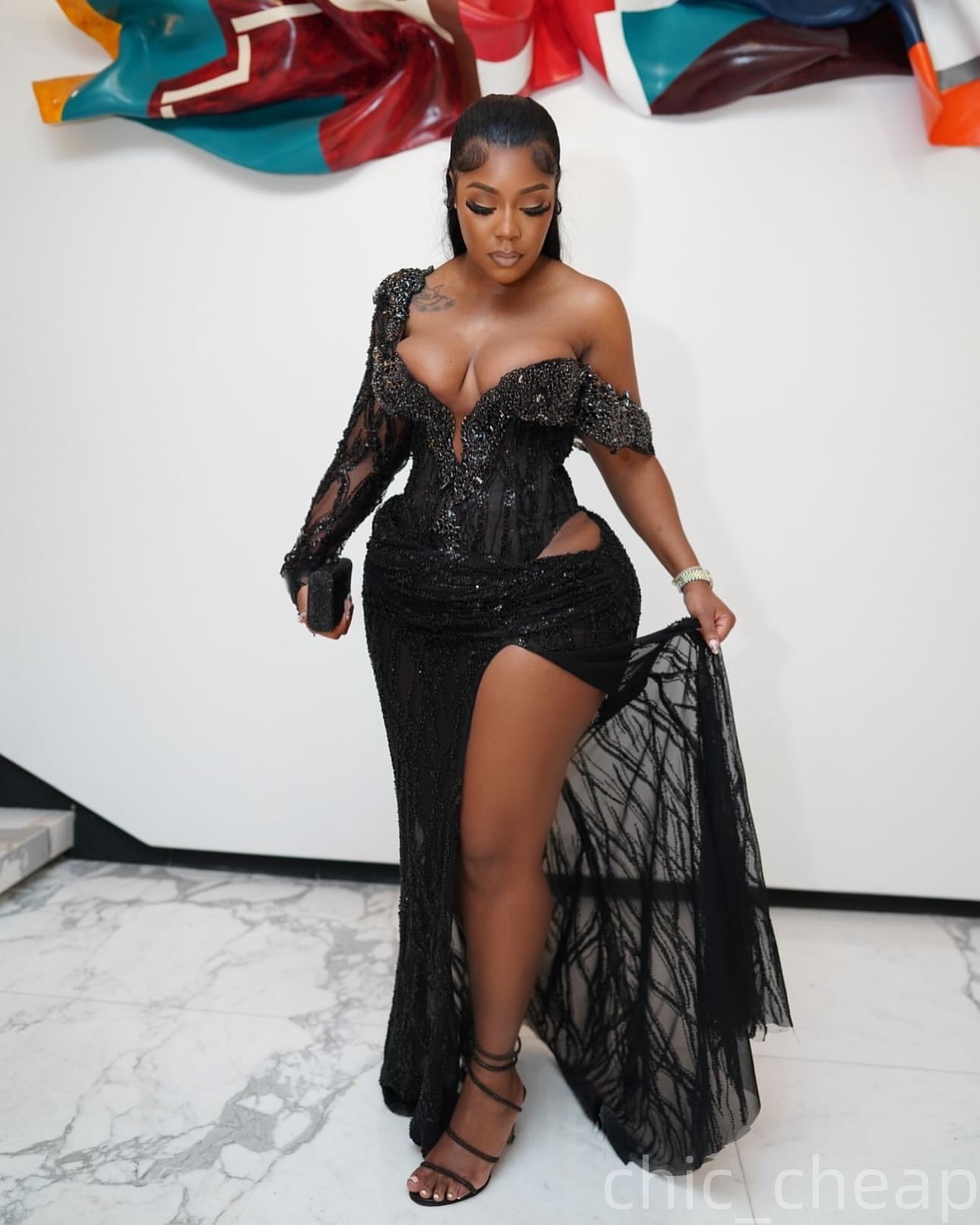 Black Mermaid Plus Size Prom Dresses 2025 One Shoulder Crystals Sequined Evening Formal Party Second Birthday Engagement Gowns Dress For Special Occas