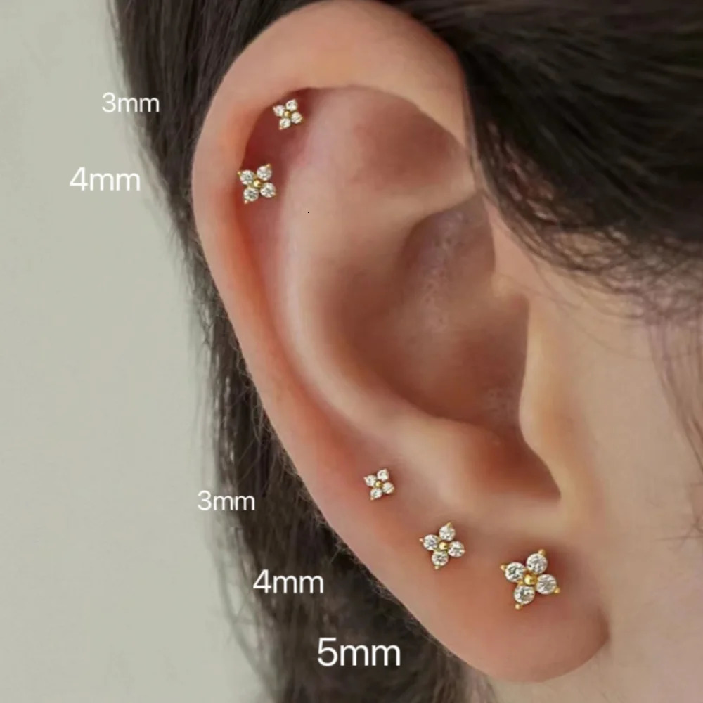 Dainty Flower Stainless Steel Butterfly Stud Earrings for Women Cartilage Ear Ring Cute Zircon Gold Color Clover Jewelry Gift 250512