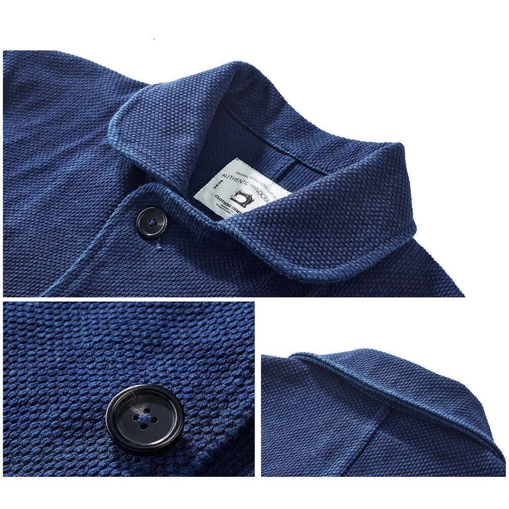 Heavy Weight Indigo Men Autumn Winter Vintage Workwear Tooling Jacket Blue Dyed Kendo Fabric Multi-pocket Cardgian Coat