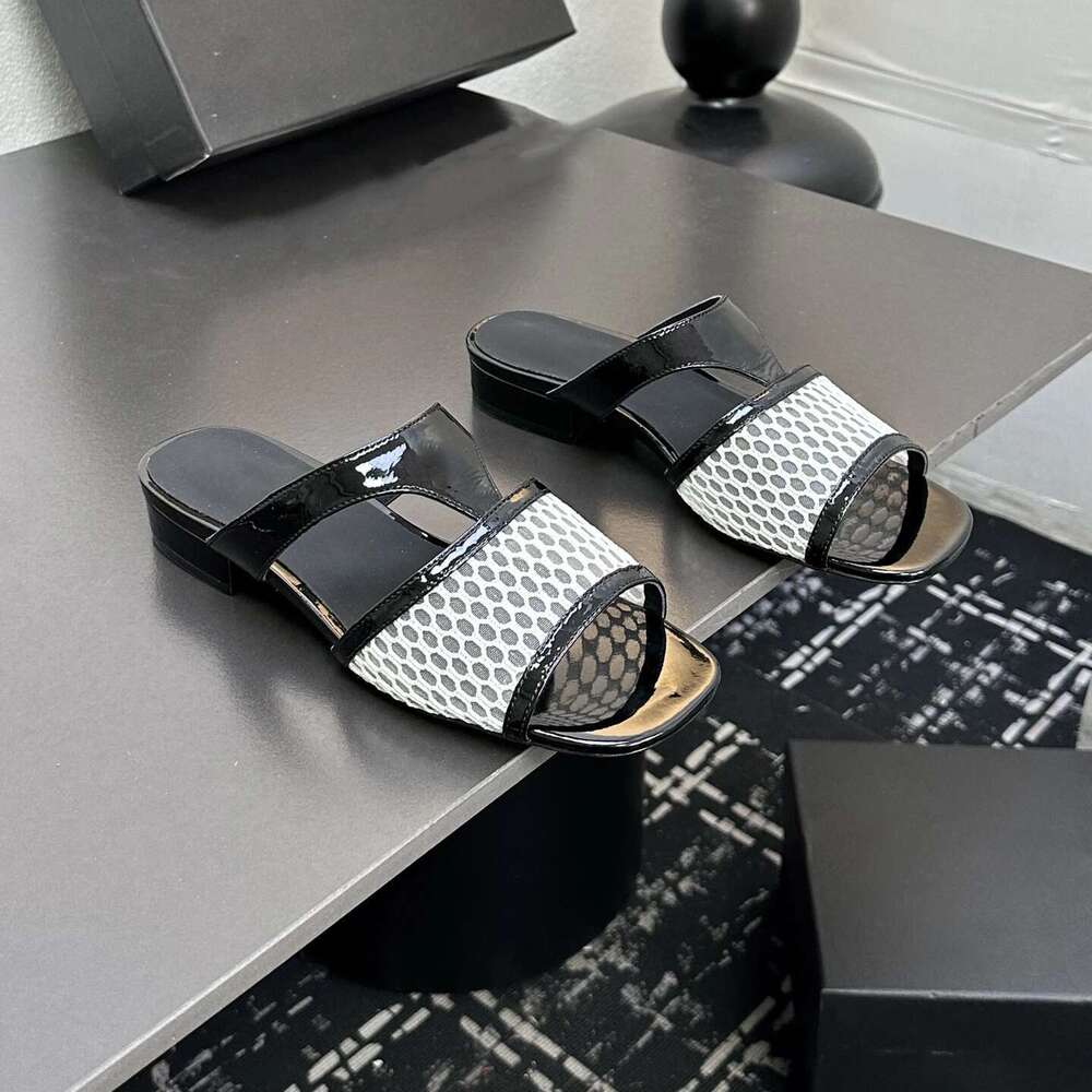New Women Size35-41 Genuine Leather Slippers Low Heels Mesh Solid Colors Summer Slides Designer Shoes Zapatillas De Mujer