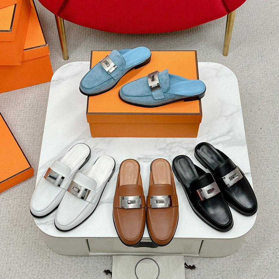 Top quality Silver button Suede real leather mules shoes Flat slipper slides sandal Casual Beach shoes Luxury designer slipper for womens Leisure Vacation shoes