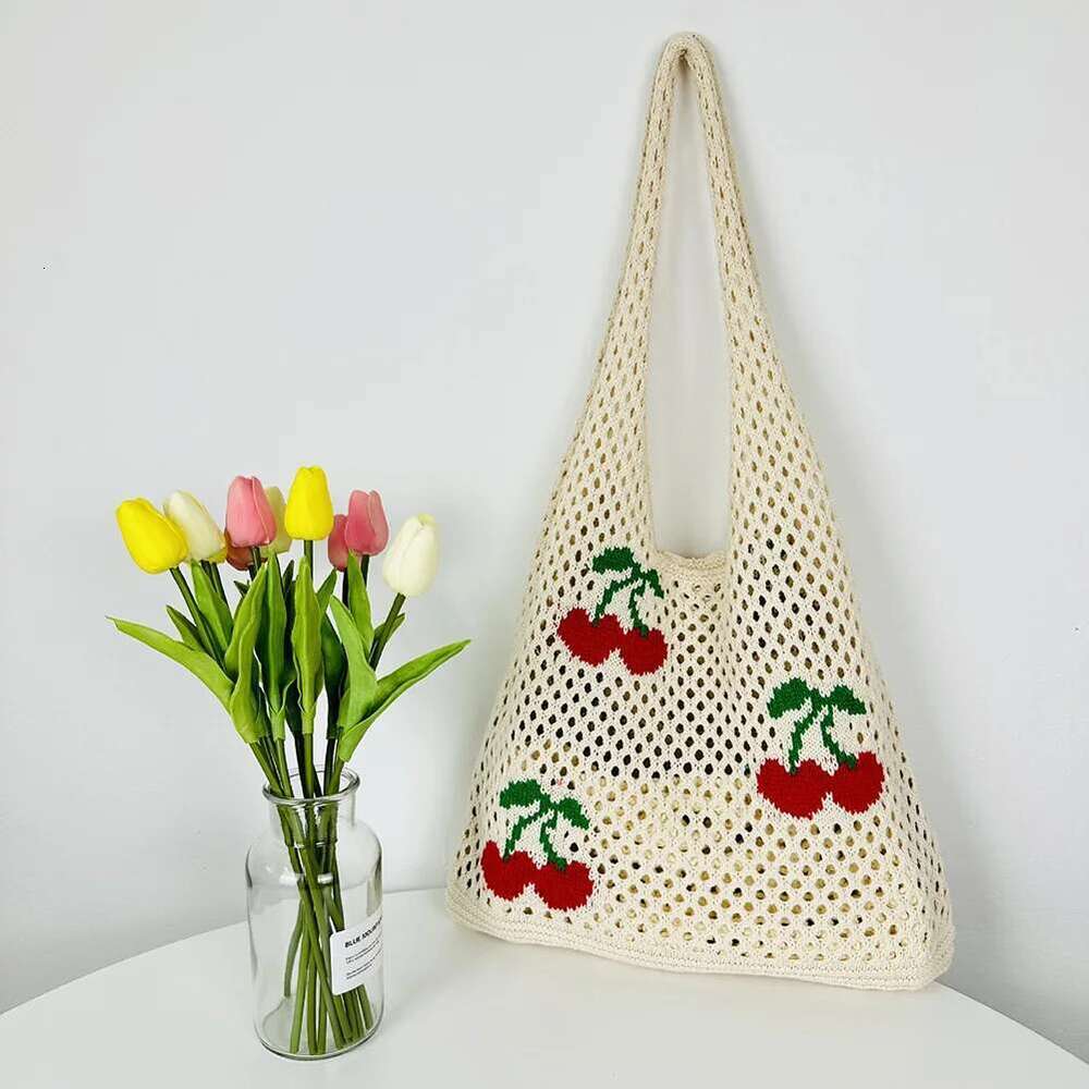 Cute Strawberry Cherry Crochet Shoulder For Women Large Shopper Casual Tote Handbags Summer Beach 2024 New Women's Bag