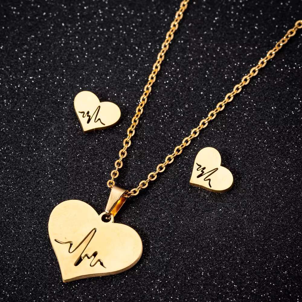 Stainless Steel Ecg Heart Pendant Necklaces and Earrings Jewelry Set for Girls