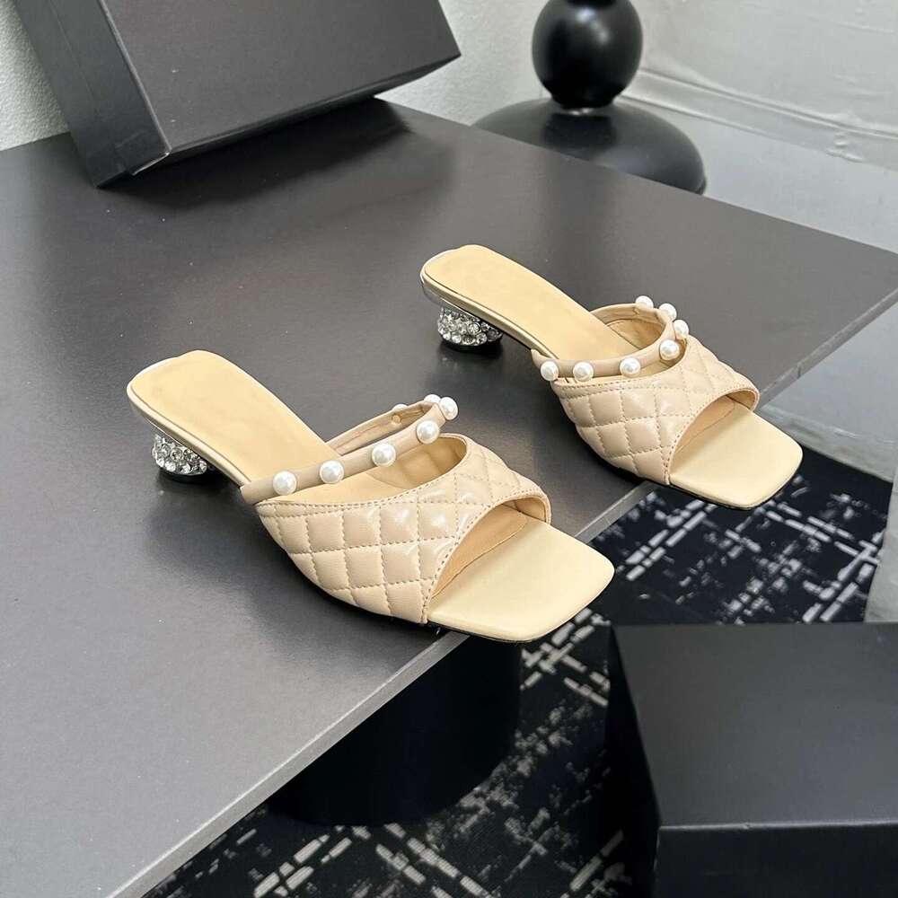 Women Size34-41 Genuine Leather Slippers Med Heels Crystal Sewing Pearl Summer Slides Designer Shoes Zapatillas De Mujer