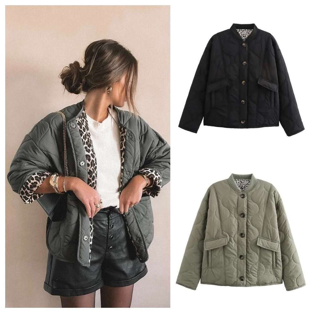 Quilted Single-Breasted Leopard Print Splicing Women's New Winter Fashion Retro Casual Cotton Jacket