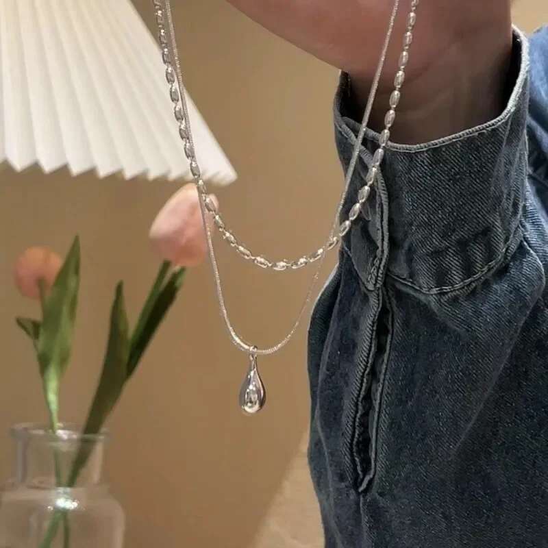 Fashion Sier Color Double Layer Waterdrop Pendant for Women Minimalist Metal Bead Clavicle Chain Necklace Jewelry