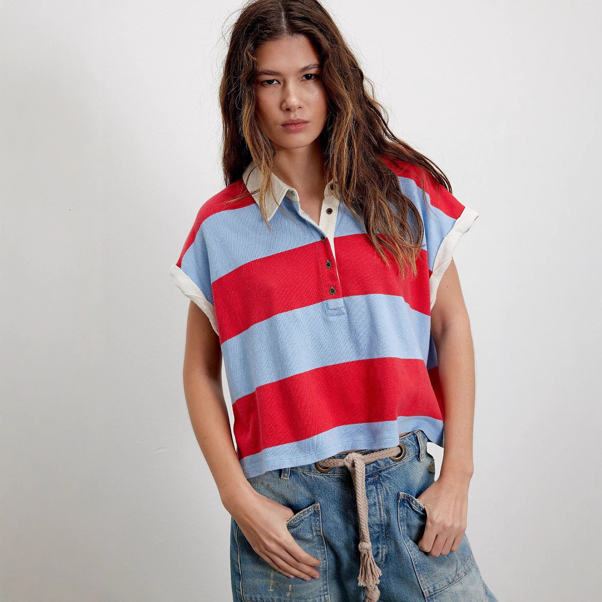 selling womens clothing personalized casual striped polo womens short sleeved loose T-shirt 250512
