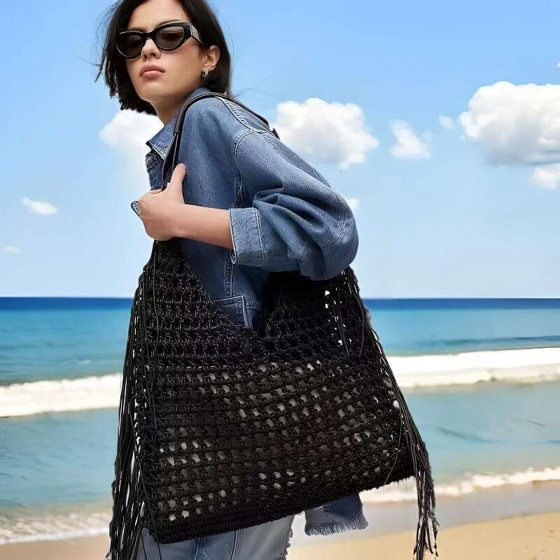 Bohemian Designer Beach Bags for Women 2025 Waterproof Nylon Tote with Hollow Tassels Inner Pocket