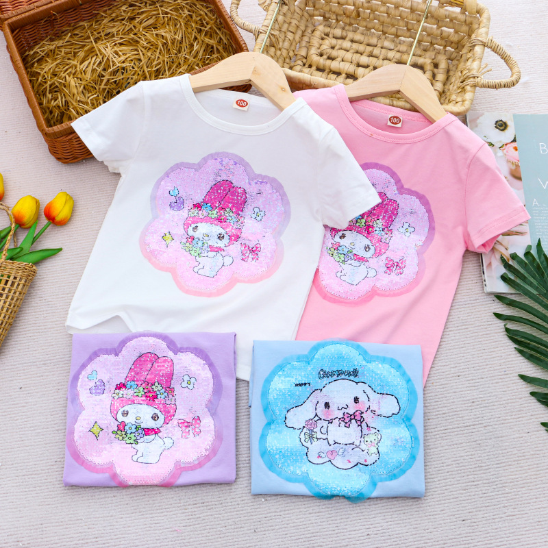 DISNEY Frozen Princess Elsa baby designer clothes Children summer clothes cartoon color-changing sequin cotton T-shirt top for girls.