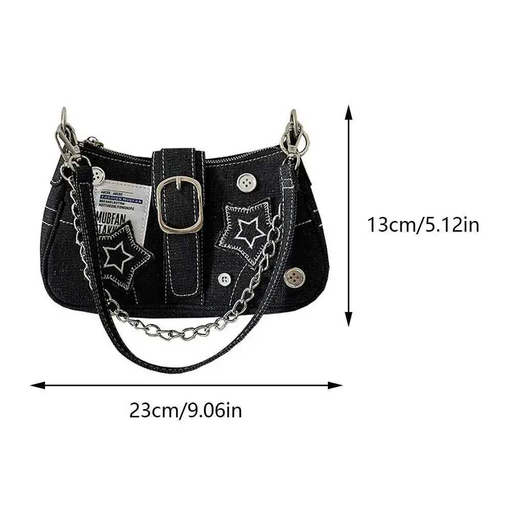 Women Cool Style Tote Purse Large Capacity Y2K Star Denim Underarm Bag Vintage Armpit Bag Solid Color Simple Commuting BagXJ250512