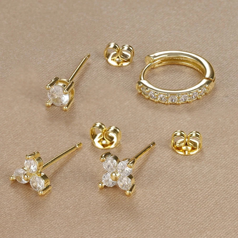 4PCS Gold Plated Flower Round Piercing Earrings Set For Women Stainless Steel Zircon Punk Stud Earring Trendy Jewelry aretes 250512