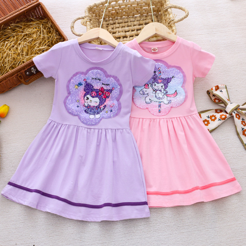 DISNEY Frozen Princess Elsa kids designer clothes Summer girl short-sleeved dress little girl color-changing sequin princess dress cartoon cotton.