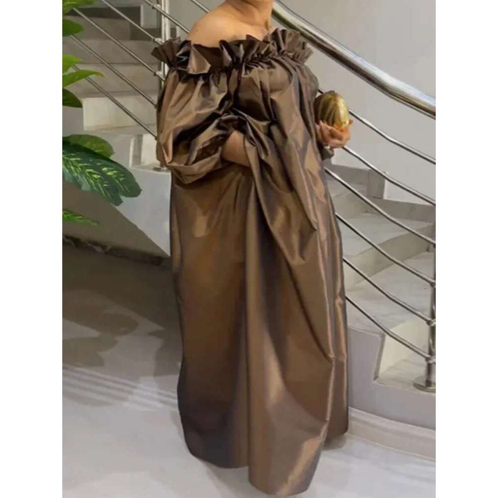 Beautyblue Plus Size Dresses Women Off-the-shoulder Maxi Dress Loose Elastic Puff Sleeve Oversized Brown New Elegant Robe Female